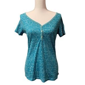 Prana blue green paisley print graphic short sleeve top women’s extra large